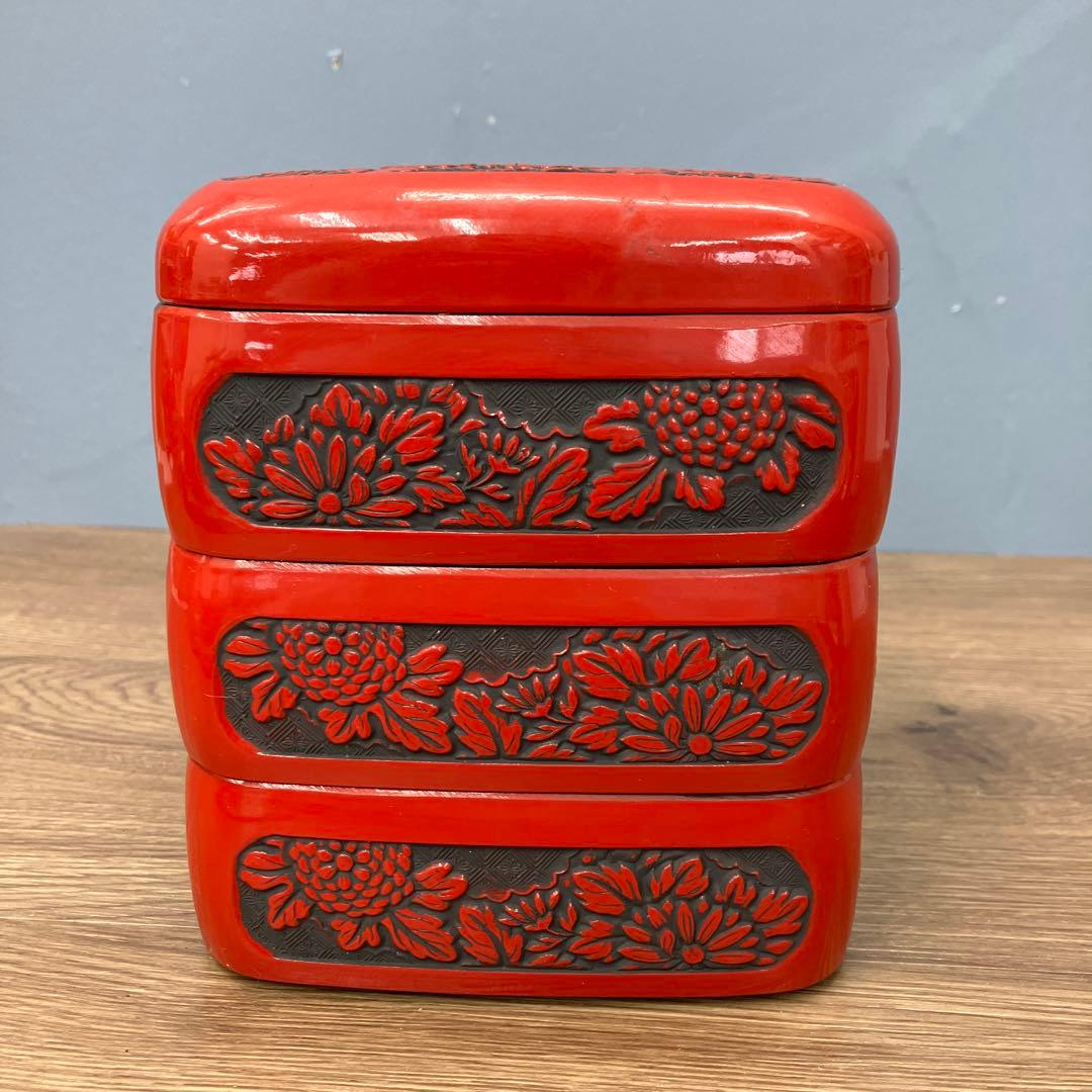 E-2 昭和レトロ 記念品 鎌倉彫風 漆器セット 三段重箱＆菓子鉢 記念