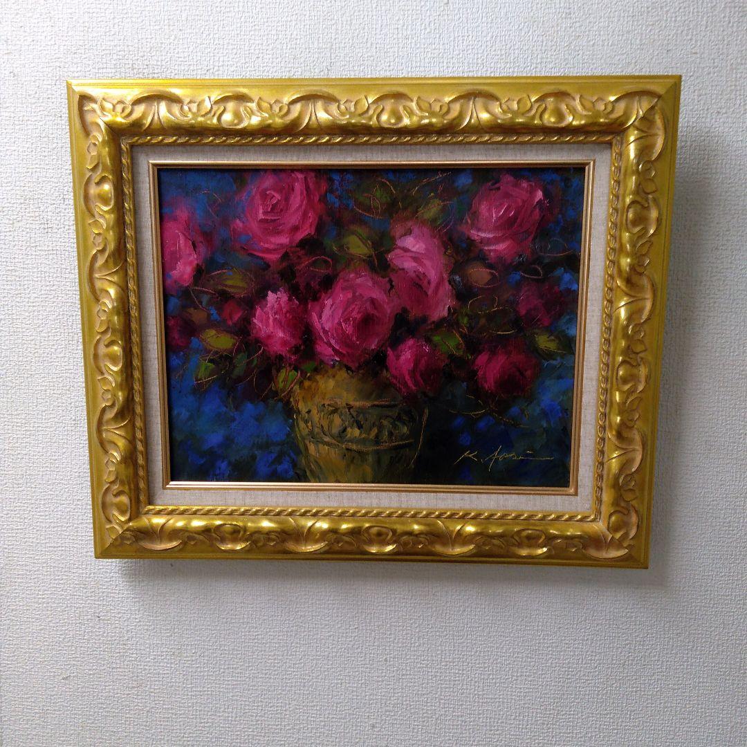 肉質油絵横F6 花と花瓶青木今陽額装仕上げ品