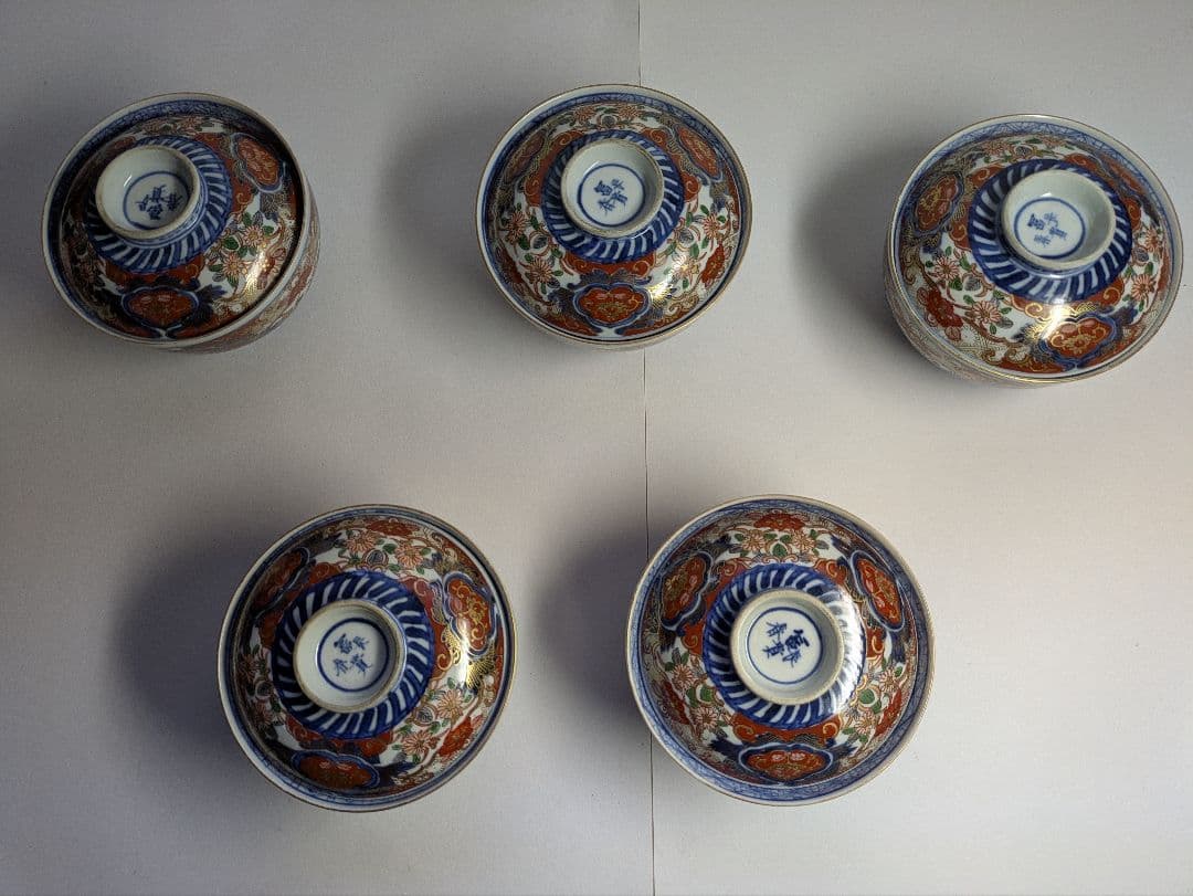 古伊万里、金襴手、『色絵三方唐草菊文蓋付碗』、5客、銘「富貴長春