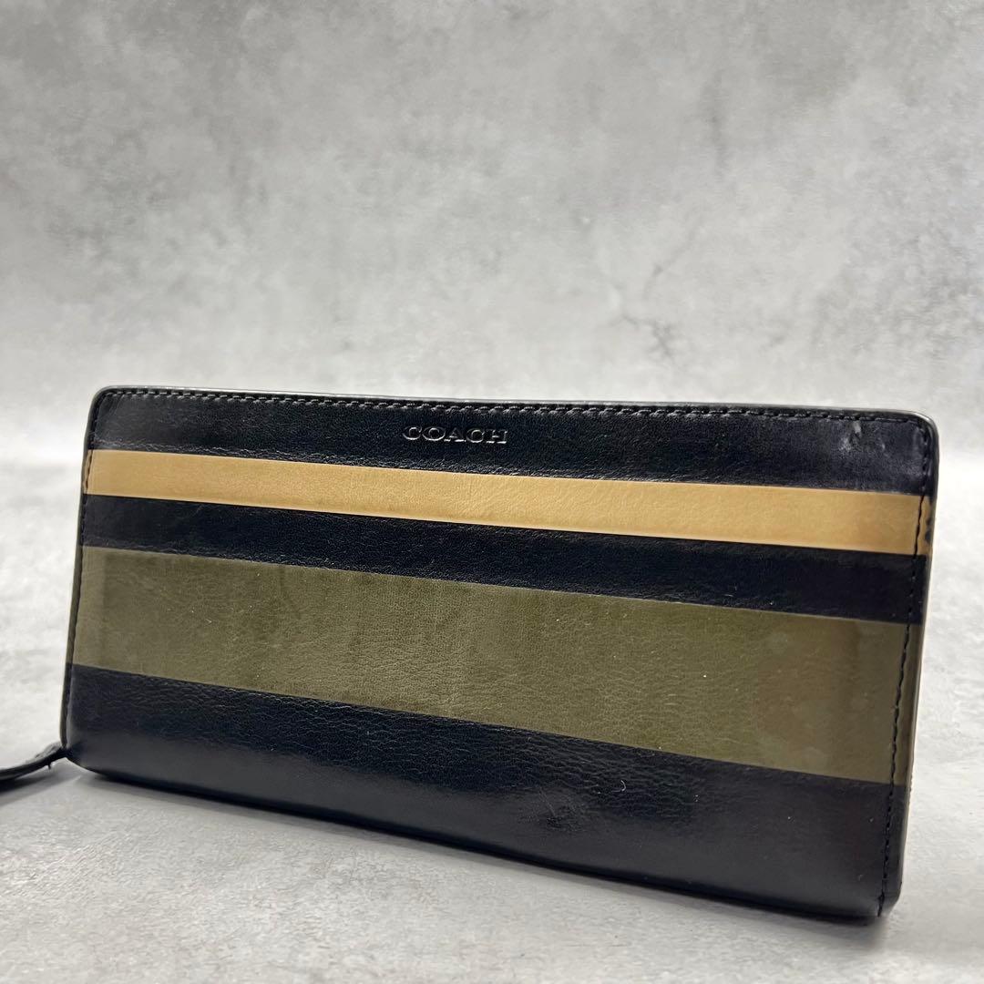 COACH レザー ブラック ストライプ メンズ 長財布 8420 - メルカリ