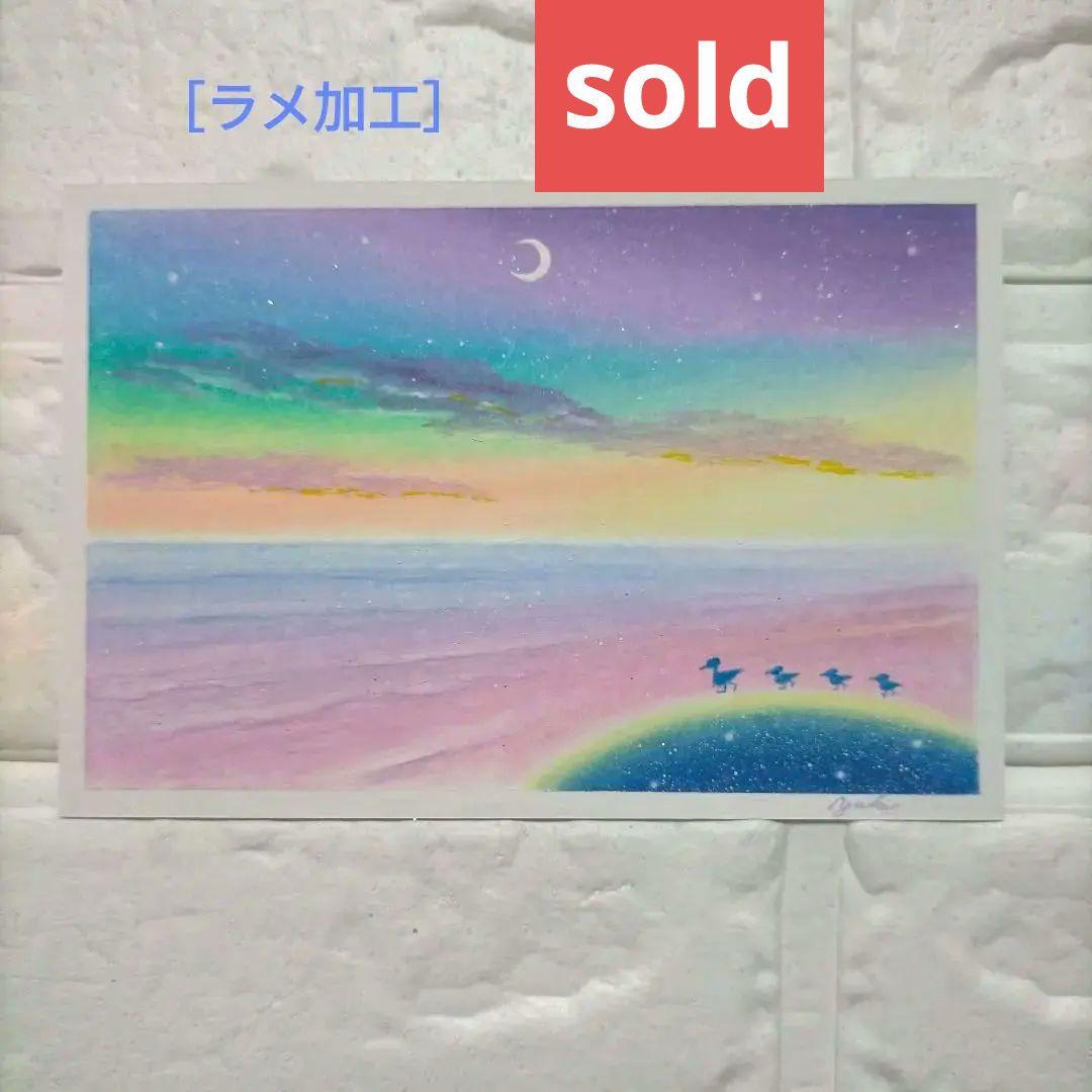 カルガモ親子と海 風景画 オイルパステル画 原画 ハガキサイズ 絵画