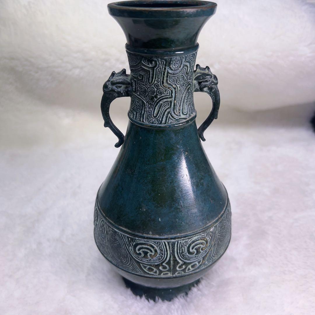 銘 兼筍 青銅風 双龍耳 花瓶 古代文様 飾壺 - メルカリ
