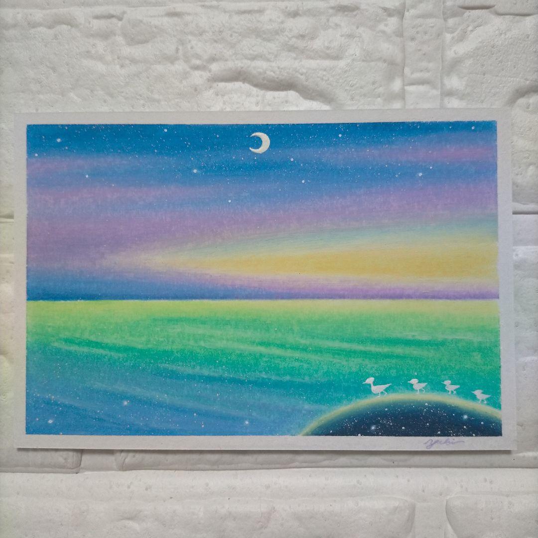 カルガモ親子と海 風景画 オイルパステル画 原画 ハガキサイズ 絵画