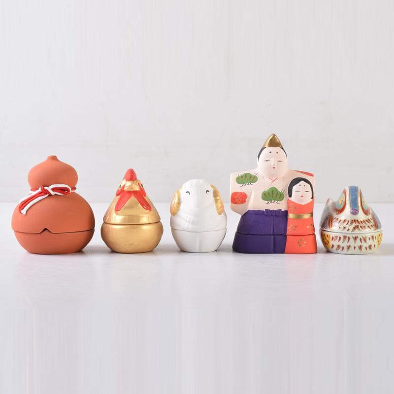 茶道具 楽山作 立雛他 干支 水鳥など 色絵香合 6点まとめて N