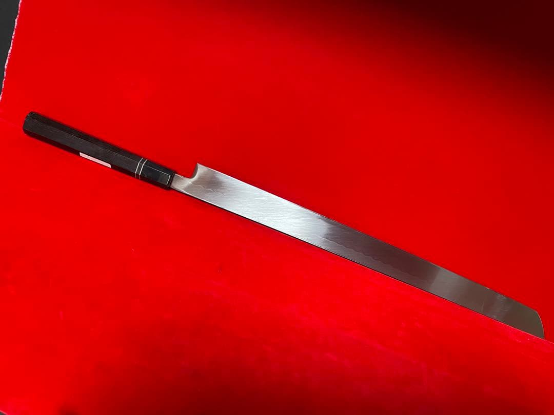 01129 包丁 マグロ包丁 重啓作 本焼 白鋼 刃文綺麗 未使用品