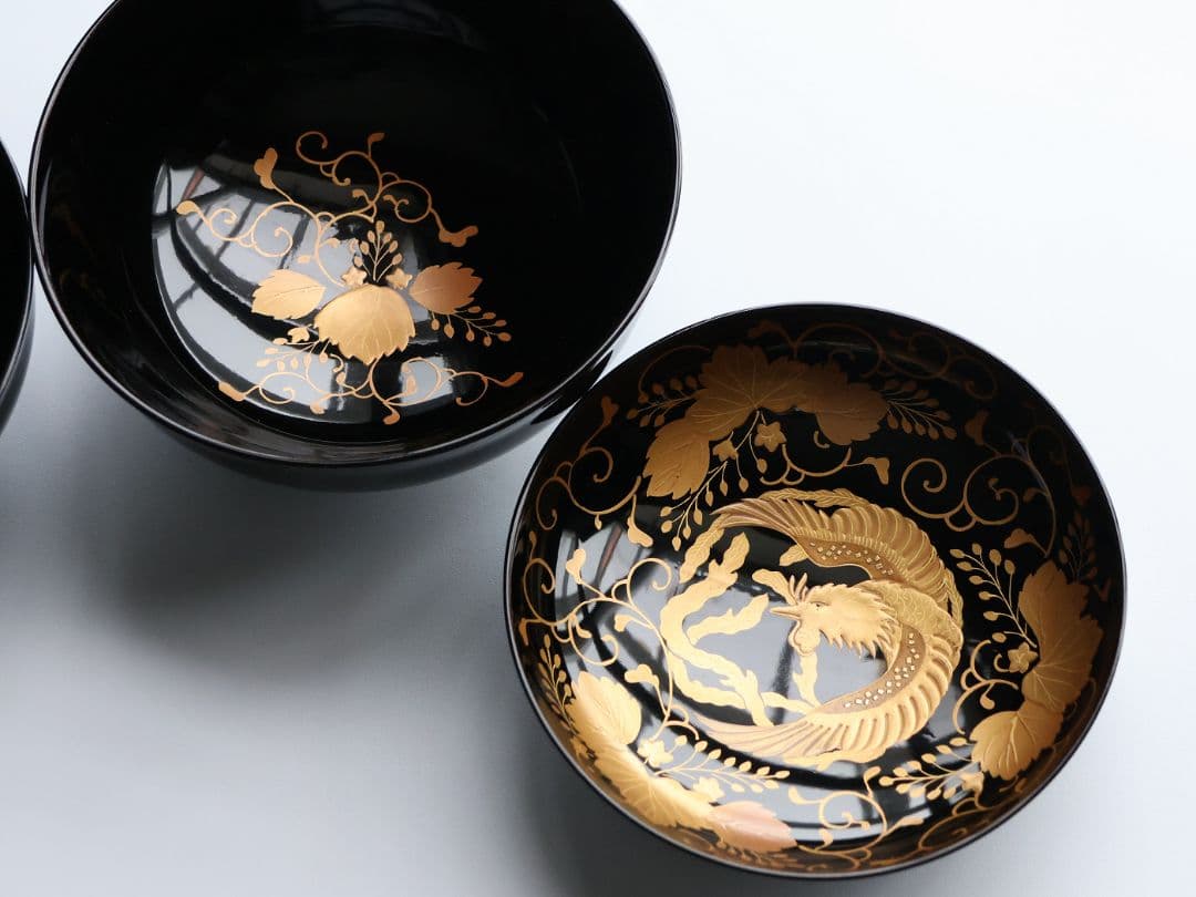 MB193】天然木漆塗 鳳凰桐唐草 金蒔絵 黒塗 吸物椀 二客 大正昭和