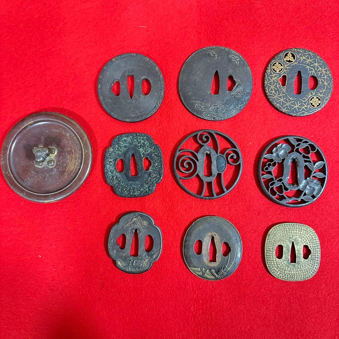 鉄地　金象嵌刀装具 鍔 刀鍔 骨董品 鉄地 鐔 武具　鉄瓶蓋 10個セット 鐔(鍔)－ t-613 京献上鐔 鉄地金象嵌 － 日本刀の通信販売 明倫産業