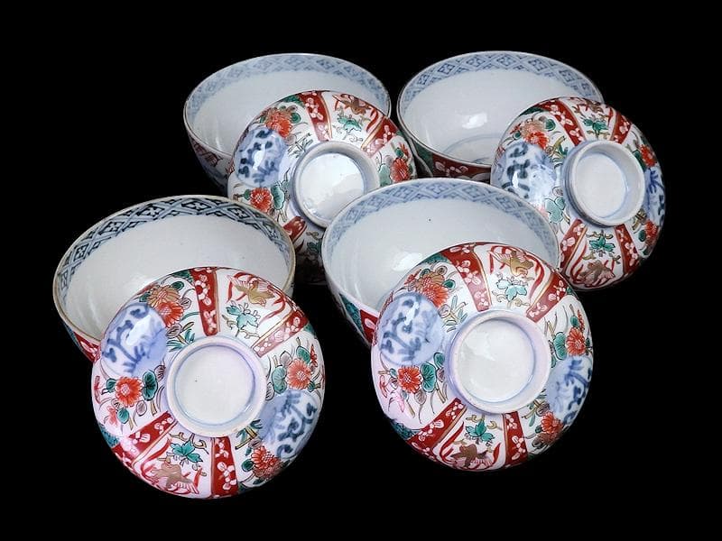古伊万里 色絵 桐に鳳凰 丸紋に菊の図 蓋茶碗 4客 D200AS-fbut - 工芸