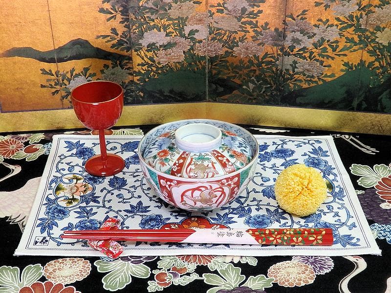 古伊万里 色絵 桐に鳳凰 丸紋に菊の図 蓋茶碗 4客 D200AS-fbut - 工芸