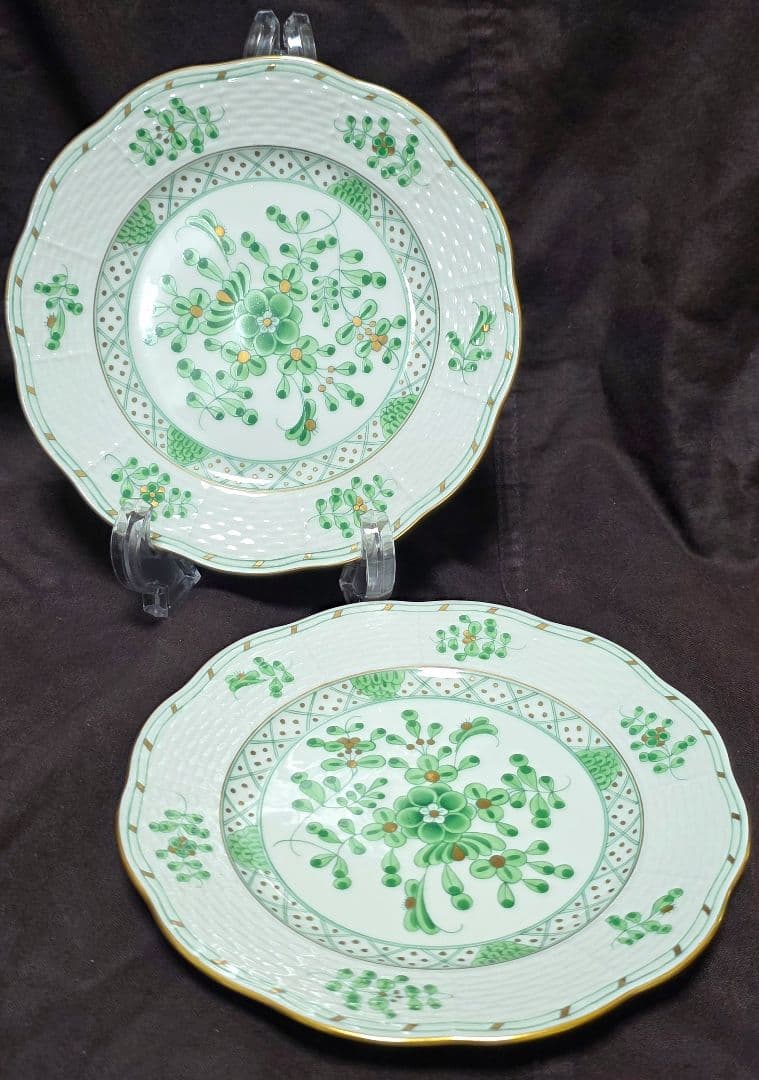 ヘレンド 森の宝物【16cmケーキ皿ペア】waldstein green アポニー・グリーン＆ウィーンの薔薇・シンプル スイートディッシュ 2