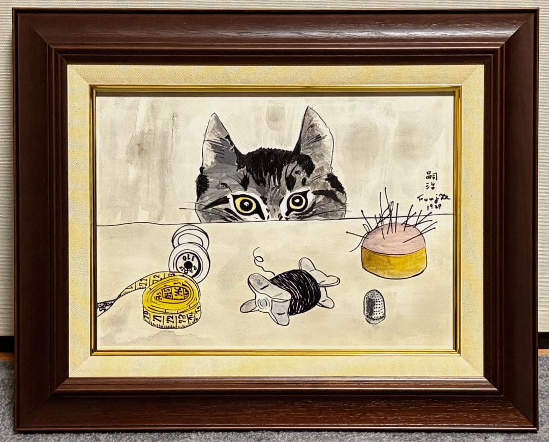 【F4号】手描き油彩　藤田嗣治【仕立て屋の猫】額縁　未使用額　サイン　落款　ネコ F4号】手描き油彩 藤田嗣治【仕立て屋の猫】額縁 未使用額 サイン 落款