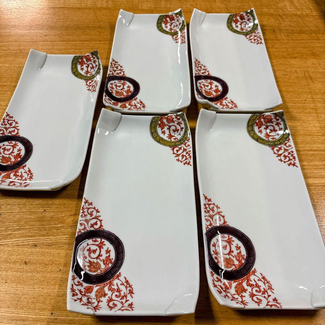 九谷焼 銀泉窯 丸紋唐草 7.8号皿揃 長皿 焼物皿 角皿 横幅23.5cm