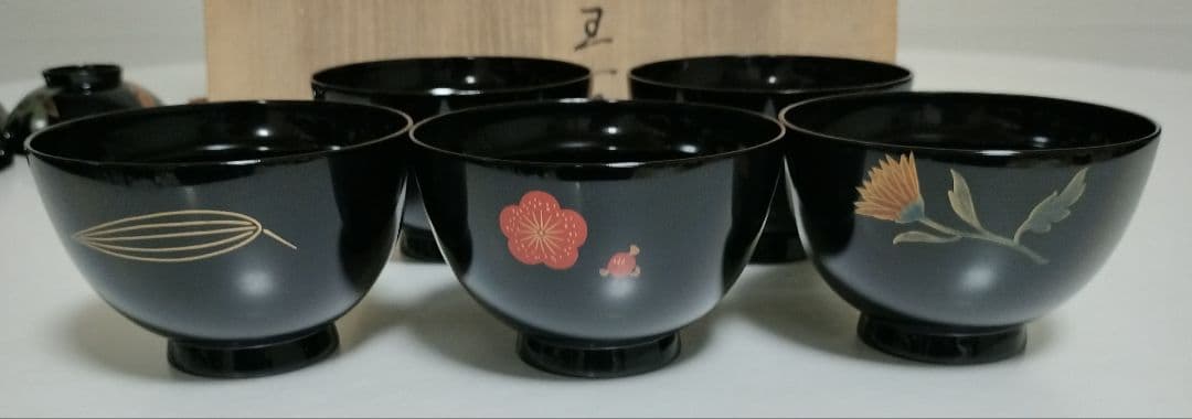 輪島塗 四君子蒔絵 遠山沈金 吸物椀 5客セット 角偉三郎など5人作家