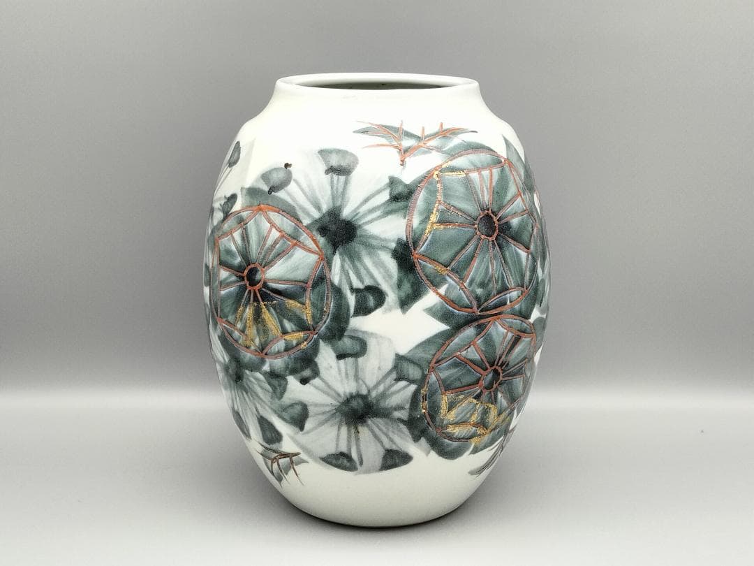 痴陶人作 色絵緑釉金箔蓬莱文 花瓶 と同作 色絵カナリヤ文向付