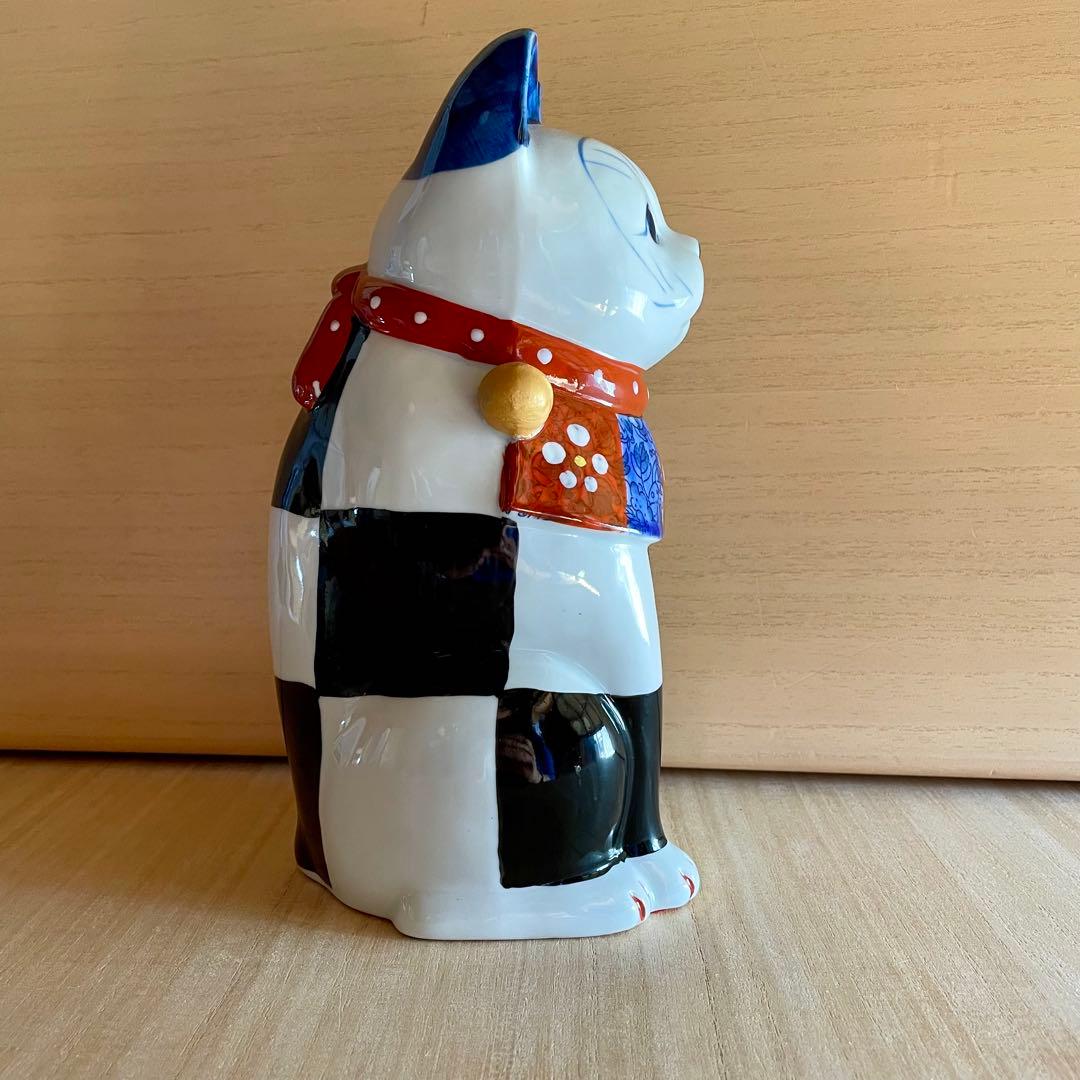 未使用】赤絵市松猫招き猫瀬戸焼左まねきねこ置物縁起物