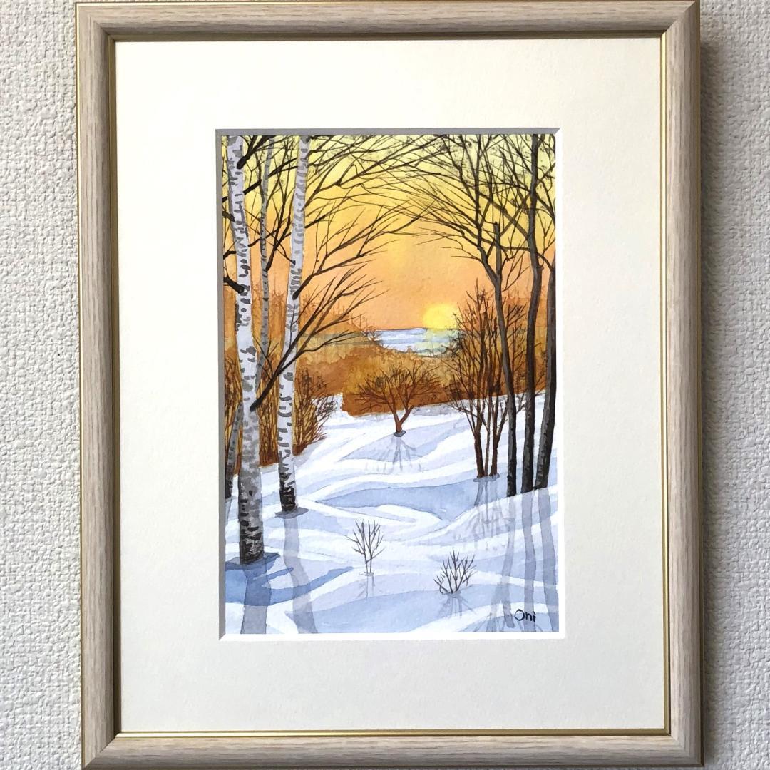透明水彩画　原画　「雪原の朝焼け02」額縁付　SMサイズ　風景画 冬の朝」透明水彩画 原画 風景画 額縁付 SMサイズ 絵画 Oni 通販