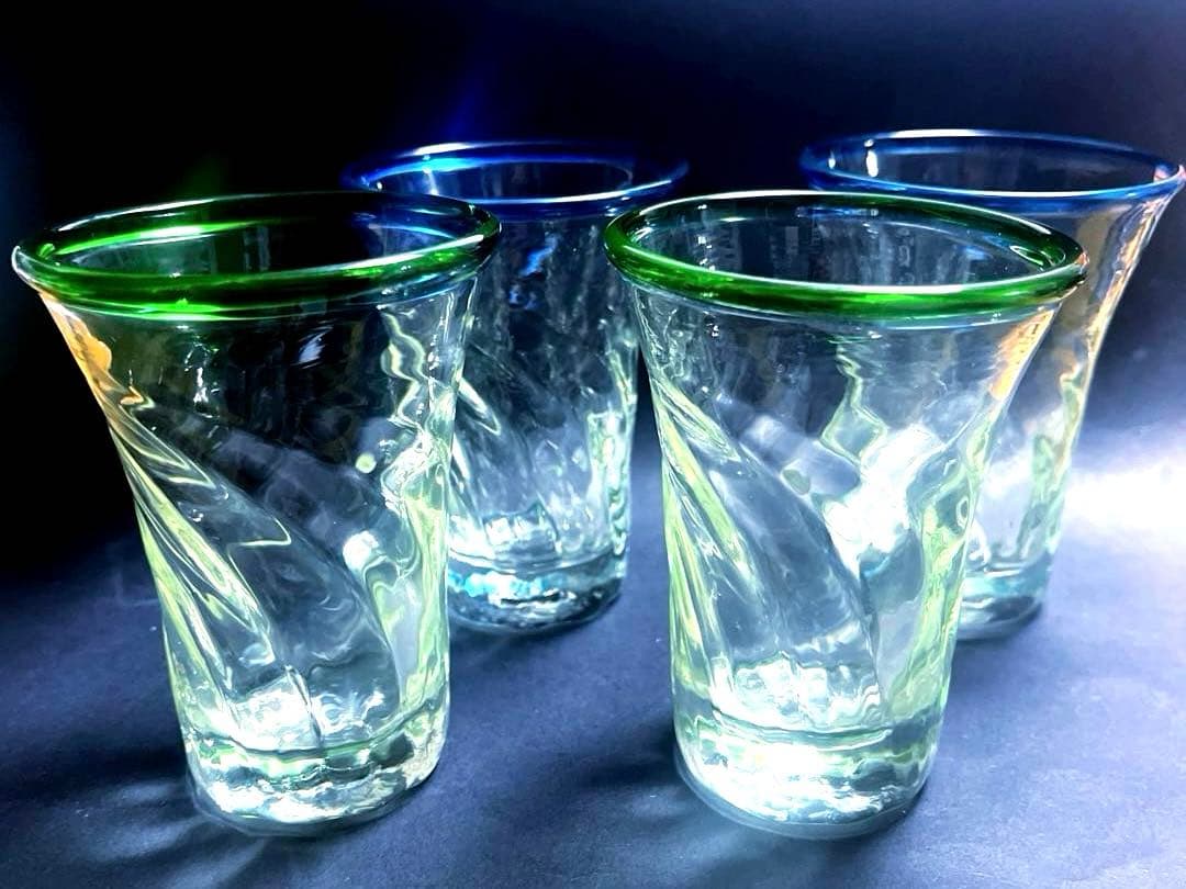 時代ガラス　古作　手吹きガラス　緑と青リム　グラス　４客セット 宮古島ポンテ吹きガラス体験作品 - 石垣島-宮古島 ガラス工房 PONTE