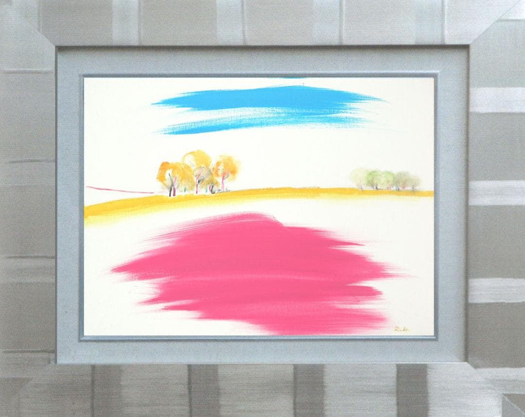 油絵 菅家令子 絵 絵画インテリア額付(青緑＋金色の枠)uF6-111509