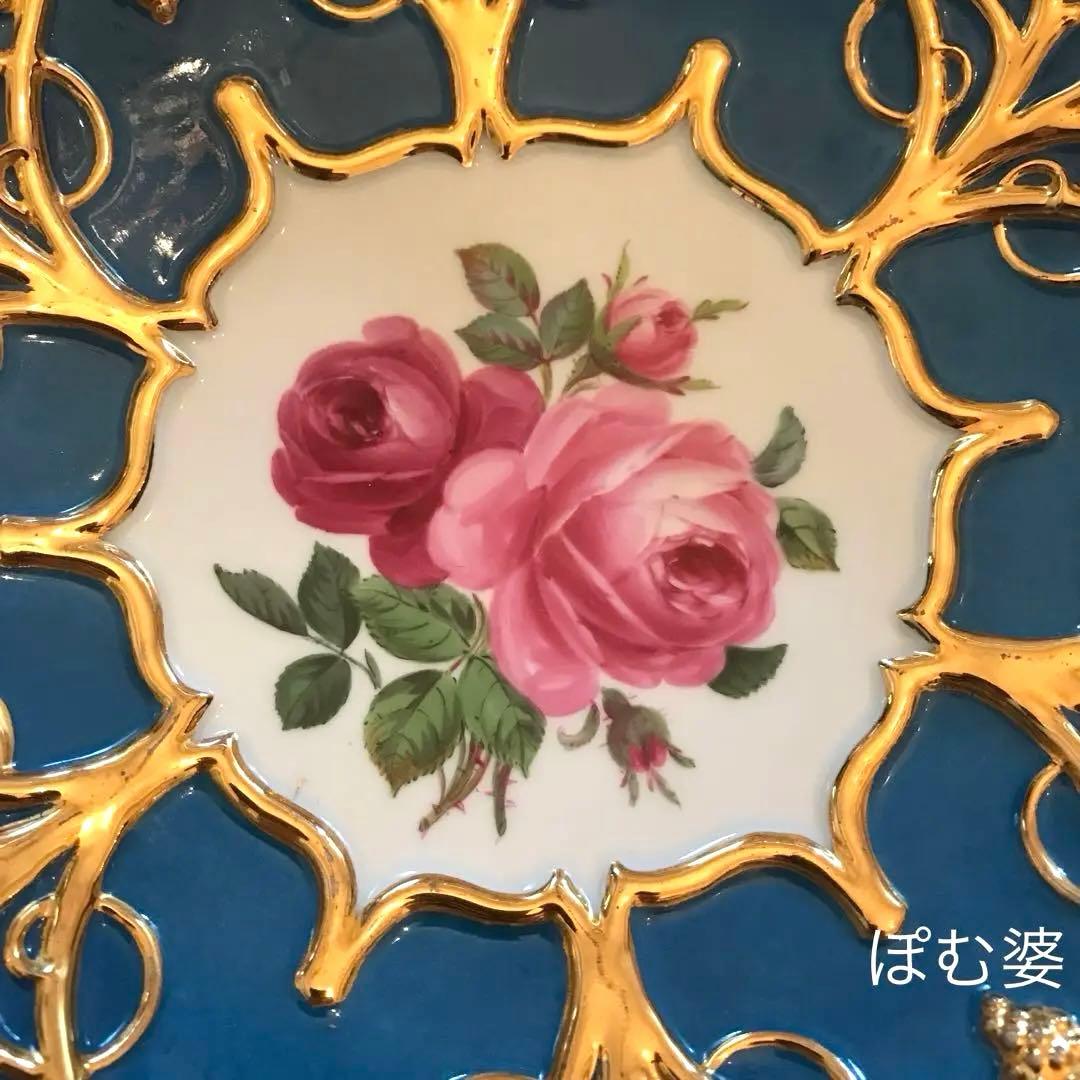 古マイセン】グランツゴールド／飾り皿「紺碧の青地／薔薇と葡萄