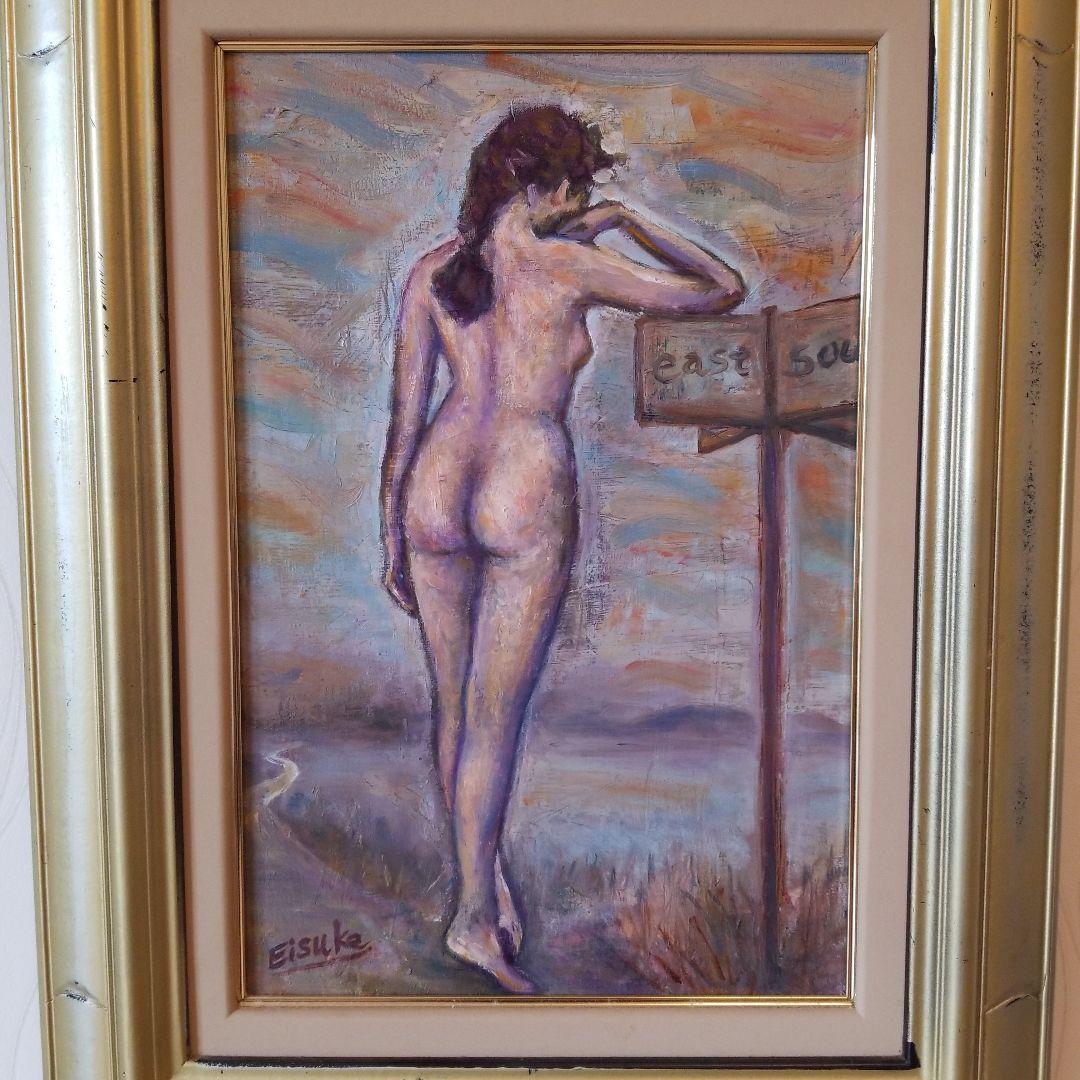 油絵　絵画　題名《岐路》道しるべ　裸婦　P 6 サイズ　2000年製作
