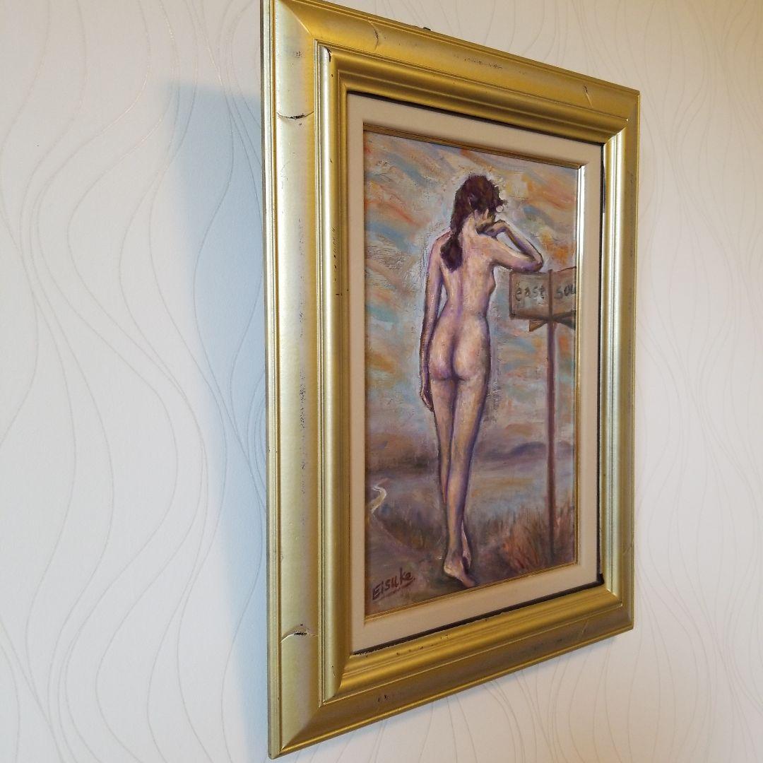 油絵　絵画　題名《岐路》道しるべ　裸婦　P 6 サイズ　2000年製作