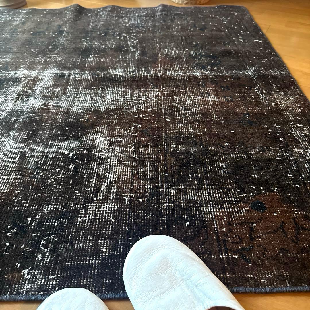 109.5×124 レアこげ茶ブラック オーバーダイ トルコヴィンテージラグ