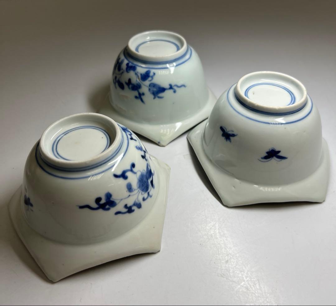 江戸中期 藍柿右衛門花唐草向付六客 木箱付 幅約10.5㎝東Y8-0123☆2F