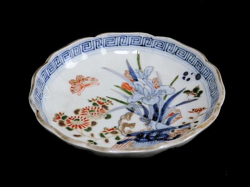 古伊万里 染錦 菖蒲に菊の図 4寸皿 4客 D870AS-BXo