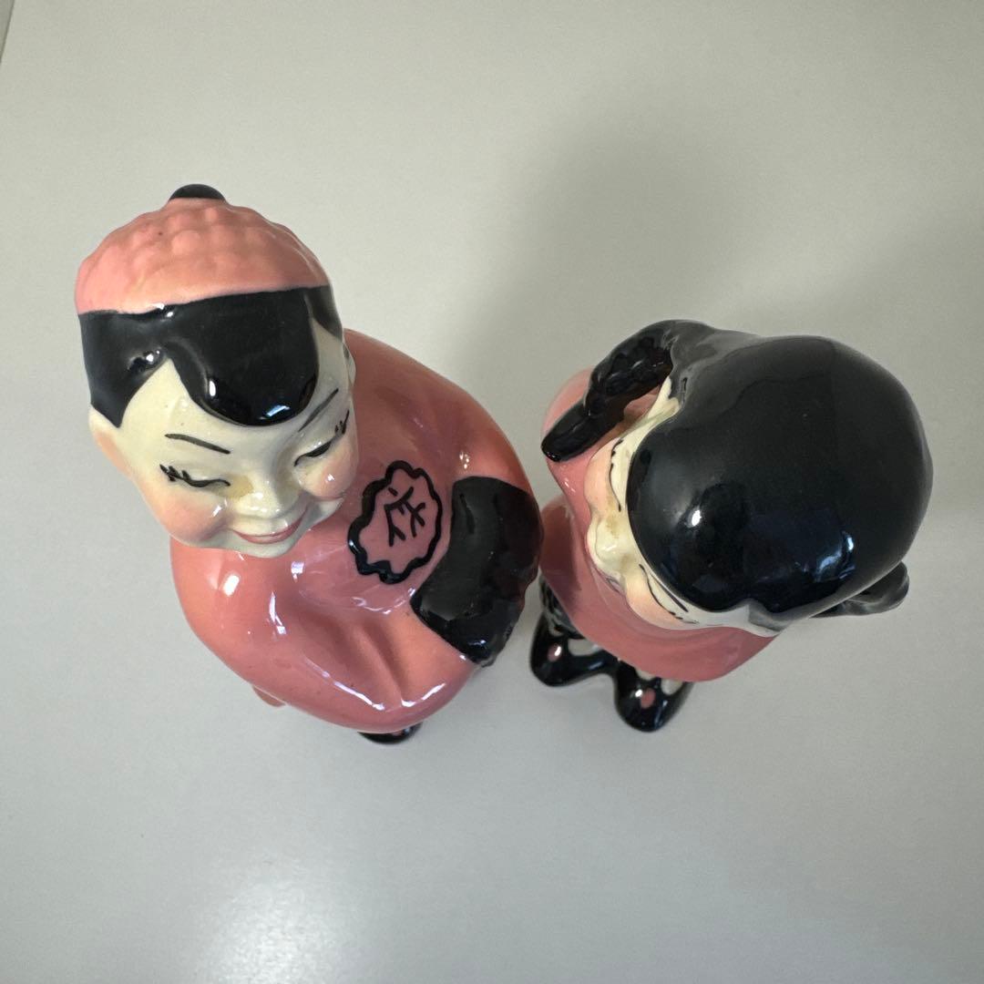 男女の陶器製置物 ピンク ビンテージ オリエンタル 50s セラミック