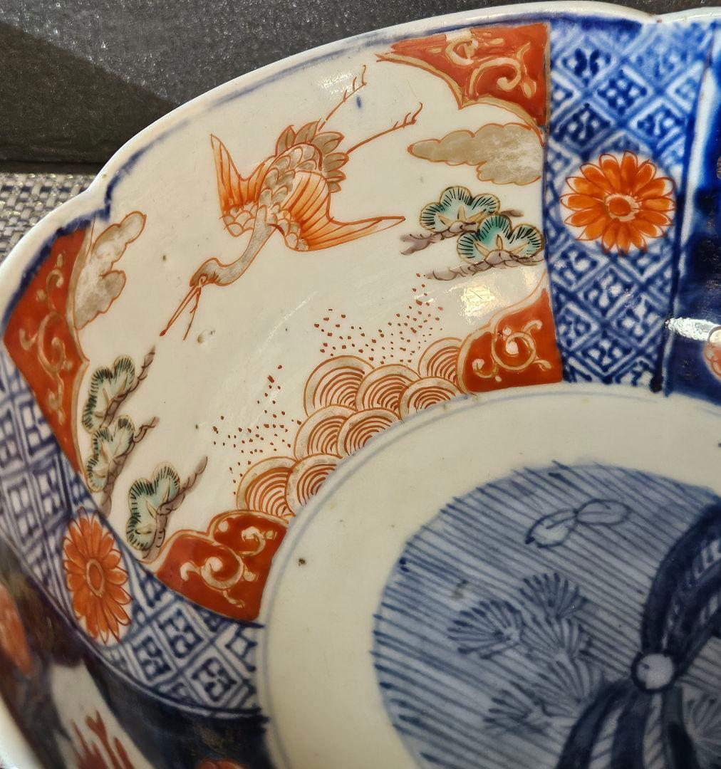 明治時代 古伊万里 染錦 鶴亀に菊花 散らし図 18.7cm 鉢 菓子鉢 茶道具