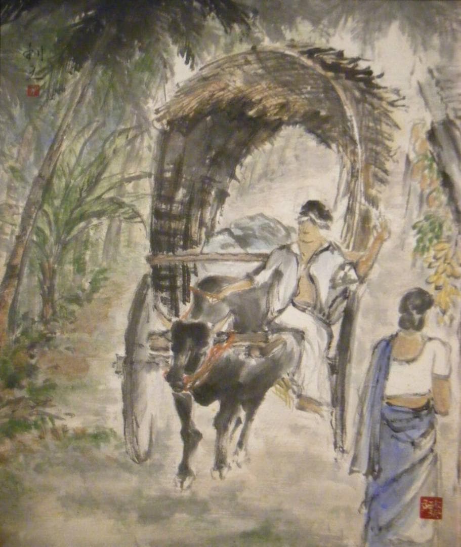 真作】絵画 利之銘 日本画10号 牛車 逸品 S132 - メルカリ