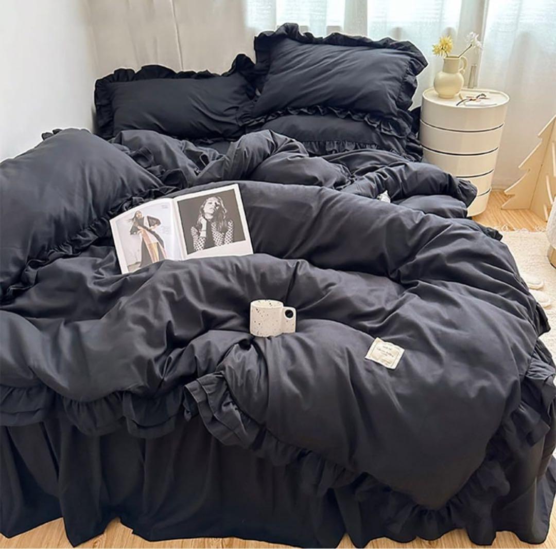 最終価格】布団カバー セミダブル ブラック 黒 4点セット ベッドカバー