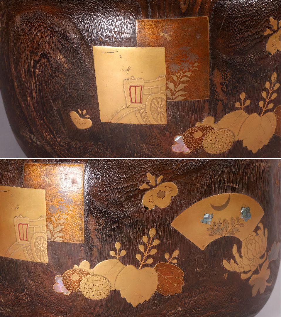 尺参 桐火鉢 金蒔絵 螺鈿細工 幅38.8cm 桐紋 菊 草花 扇面【