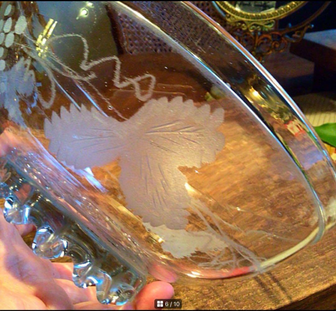 A366 アンティーク吹きガラス グラグヴール カットガラス 葡萄紋様 鉢
