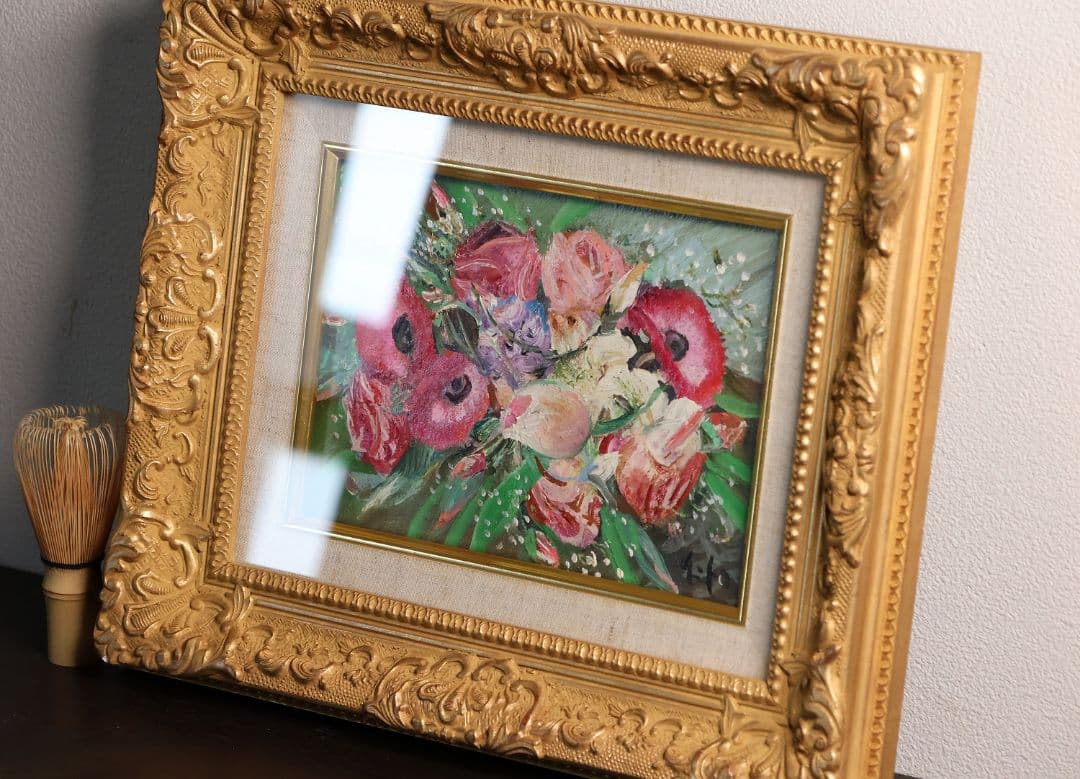 真作】中島裕子 油彩 SM号「ファンタジーの花々」額装 ポピー 薔薇
