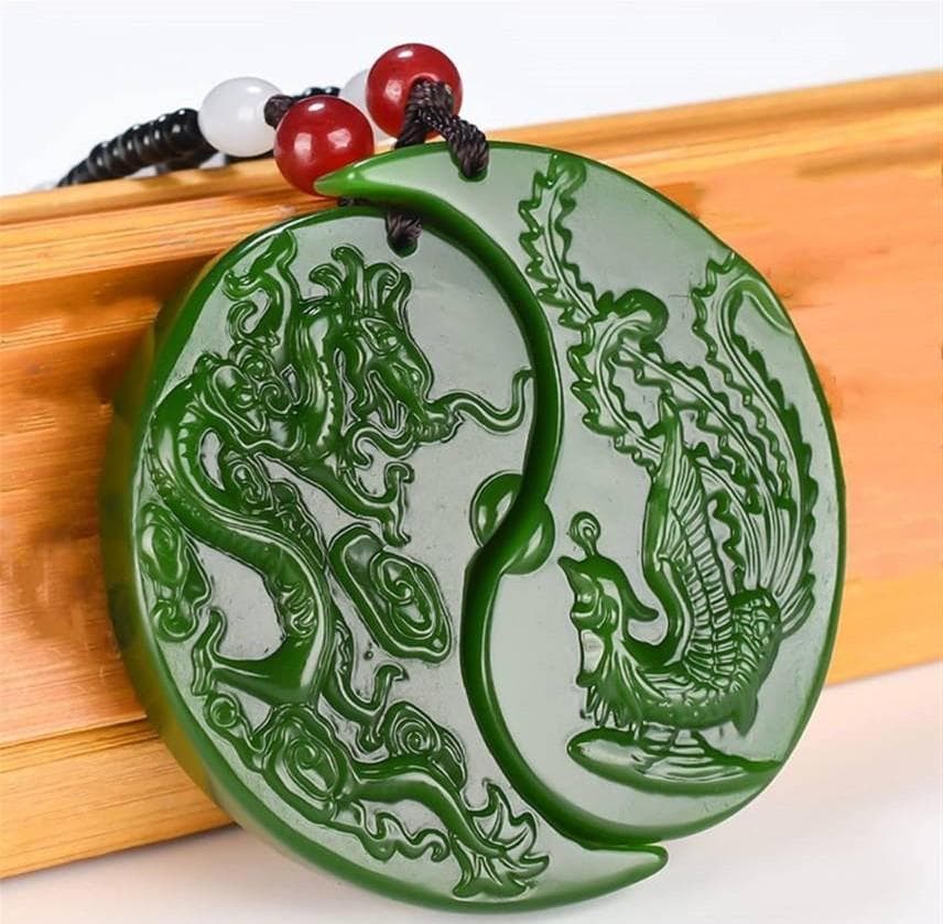 極稀品】本翡翠 龍神 鳳凰 ペア ネック・ペンダント トップ＋紐付き