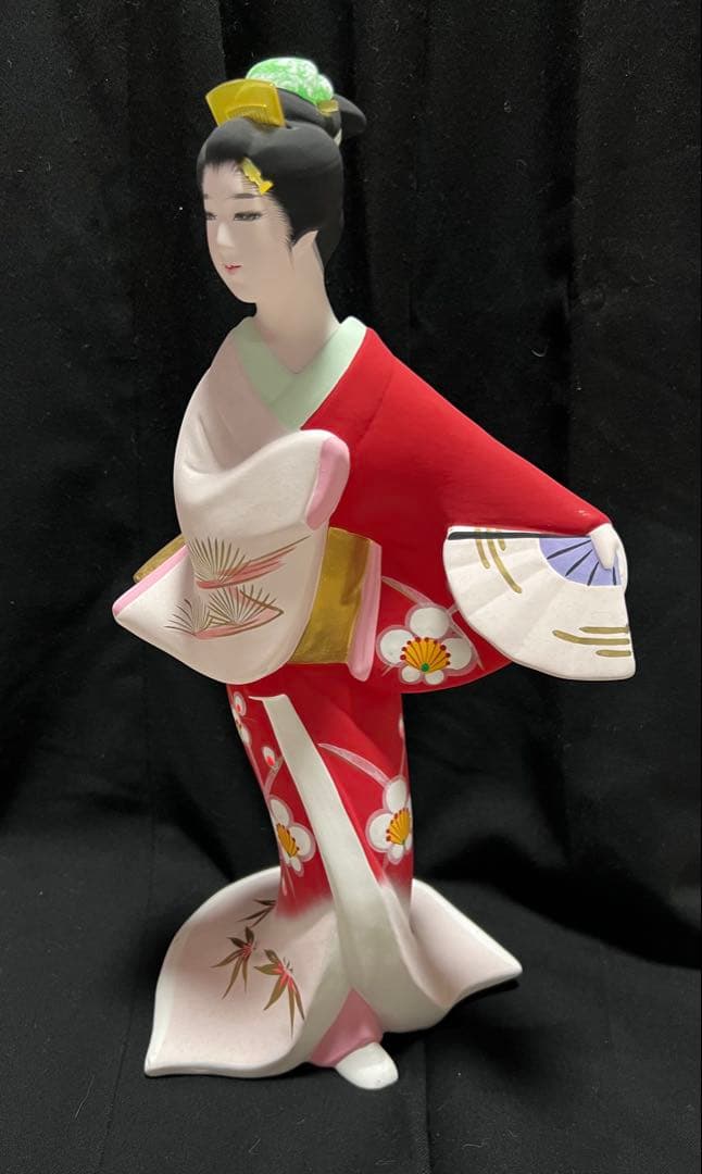 博多人形 芸妓 梅 着物 赤 扇 芸者 伝統工芸 日本人形 美人もの 34cm