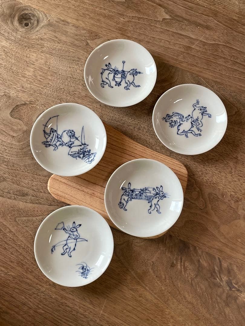 ききちゃん様 染付 鳥獣戯画 ごはん茶碗5つ＋豆皿5枚 染付 鳥獣戯画