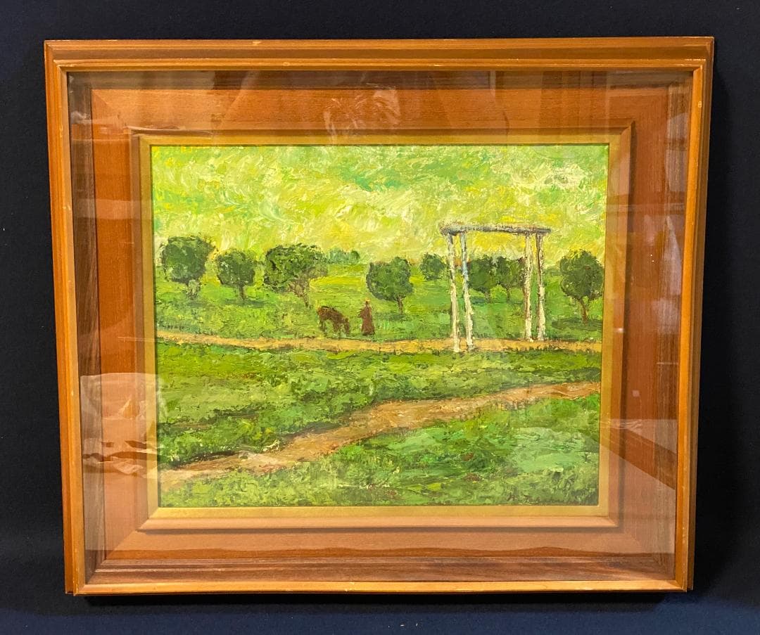 「真作」高橋里謡子「モロッコの草原にて」風景画　油彩画　額装　サイン有り　F8号 真作」高橋里謡子「モロッコの草原にて」風景画 油彩画 額装 サイン