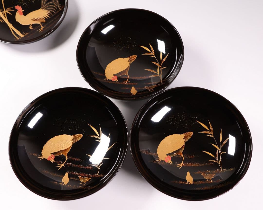 CM353】時代蒔絵椀 竹に鶏金蒔絵 平椀三客 木製 /(検) 輪島塗加賀能登