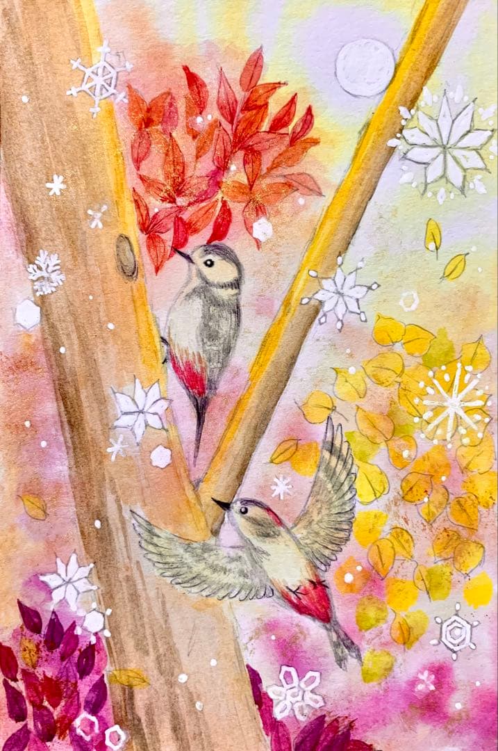 momorin水彩画 アカゲラと雪　値段は※900円です momorin様専用水彩画 アカゲラと雪 値段は※です