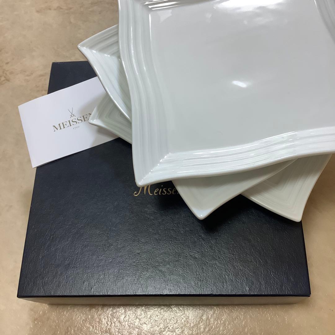 【美品】Meissen プレート 四角皿 3枚セット 皿 マイセン 大皿 角皿 約25×25cm 角プレート 「ブルーオニオン