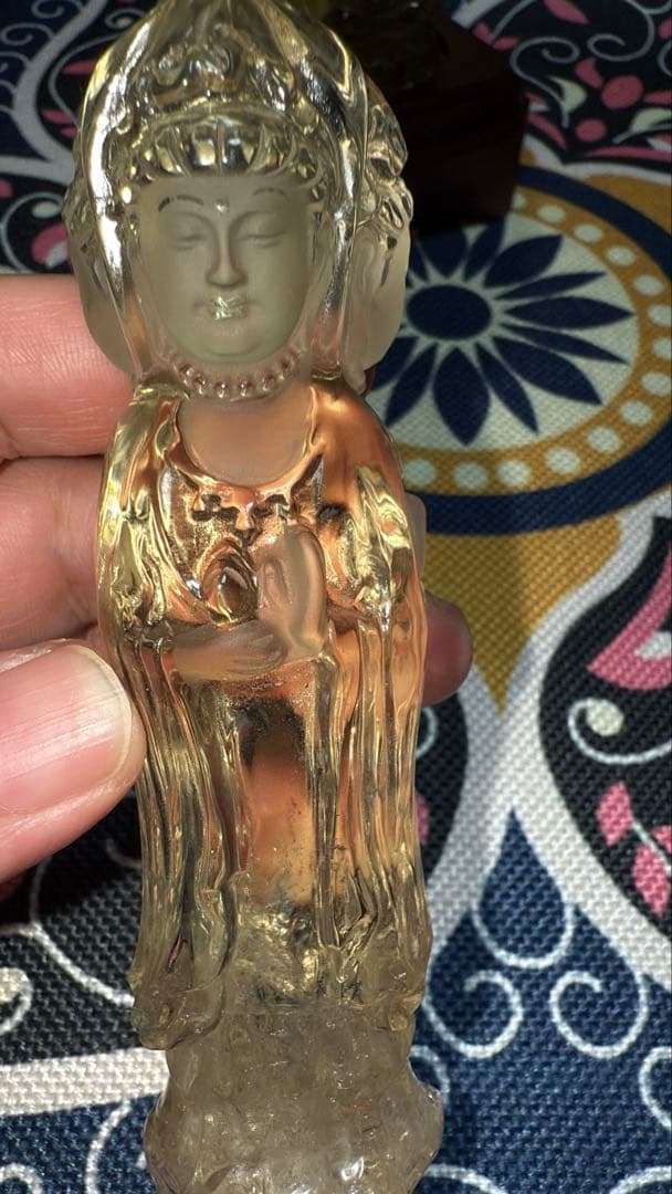 特注手彫り専用台座 天然シトリン 三面観音菩薩 観世音菩薩 手彫り彫刻