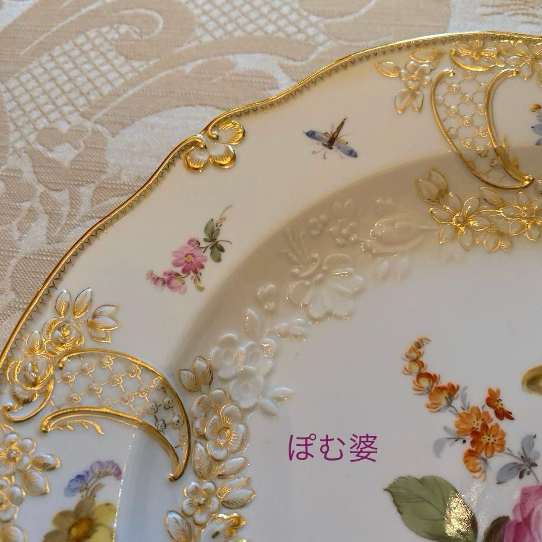 古マイセン】金彩 花絵皿「ノイマルセイユ／フラワーブーケと昆虫」No.7