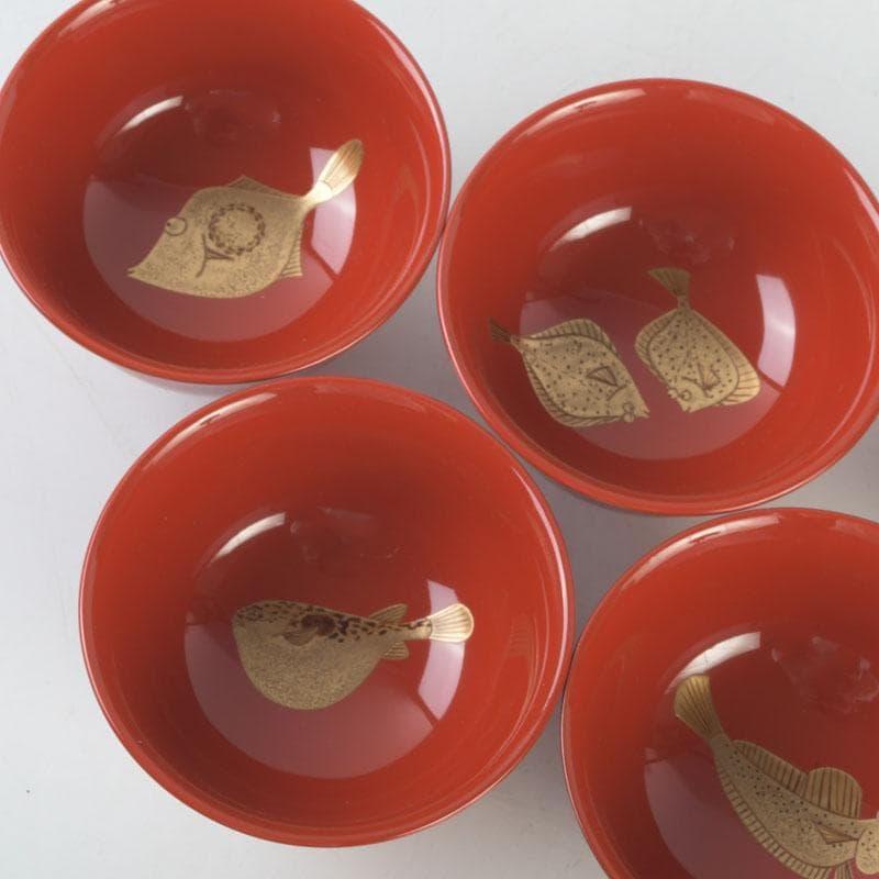 和食器 茶懐石 輪島塗 輪島屋本店謹製 朱塗魚蒔絵 盃 五客