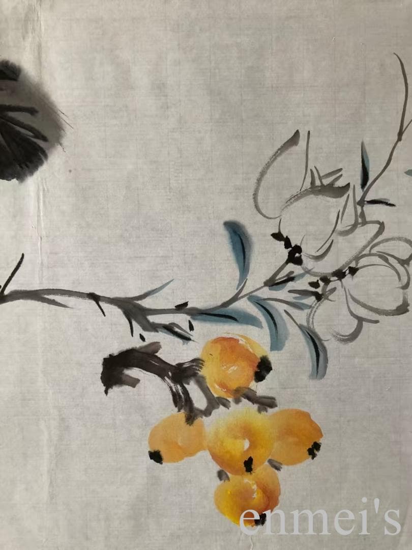 中国古美術・花卉図三尺画芯・朱軍印款・水墨彩色画・純手描き・文房