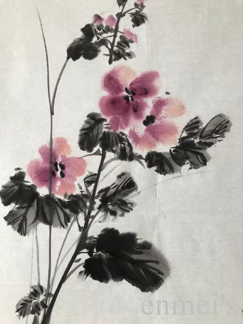 中国古美術・花卉図三尺画芯・朱軍印款・水墨彩色画・純手描き・文房