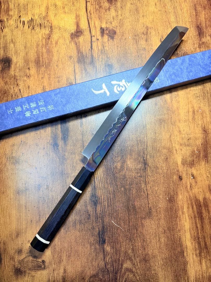 祥太郎作 左用 刺身 先丸 本焼 白鋼 尺 鏡面 包丁 黒檀水牛八角柄