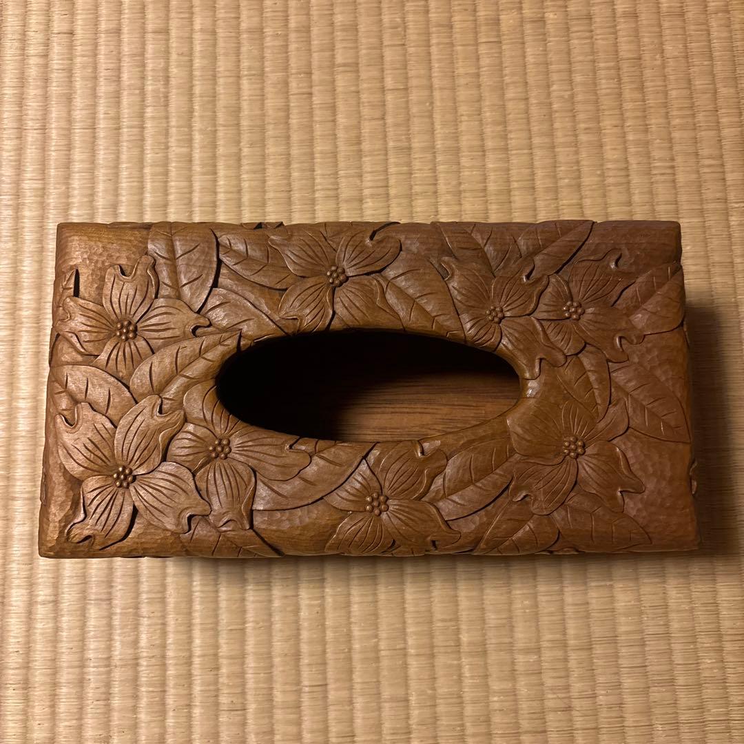 ④ 木彫り BOXティッシュケース 横 ハナミズキ