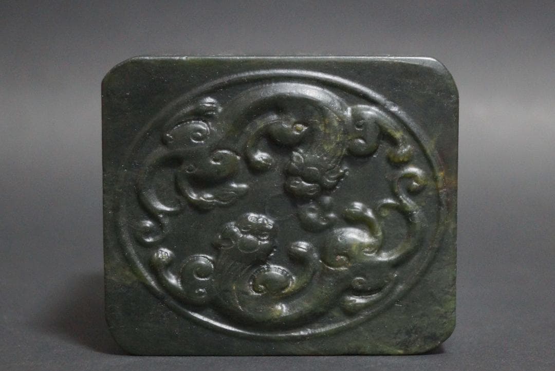 時代大型天然碧玉 細工彫り古代双龍 篆刻 篆書 印章 置物 古文房具